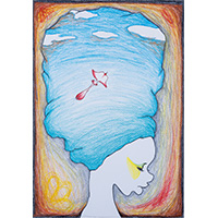 2014年作 画用紙_鉛筆、色鉛筆:<br>size (cm) : 42×29<br>目を閉じて頭の中で自由を描くだけで、空も飛べる<br>今いる場所から解き放たれる気持ちを描きました。