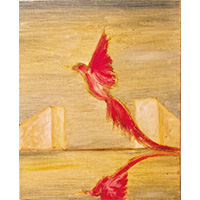 2009年作 キャンバス_、油絵の具:<br>壁があろうが自由にどこまでも飛び続ける鳥を描きました。